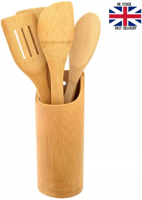 Stylish 5PC Bamboo Kitchen Utensil Spatula Set Tool Holder Cooking Salad Spoons