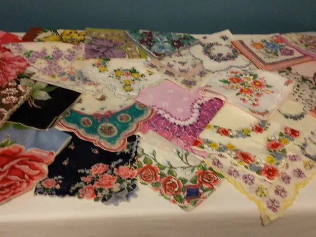 Lot Of 35 Vintage Floral  Hankies  Handkerchiefs