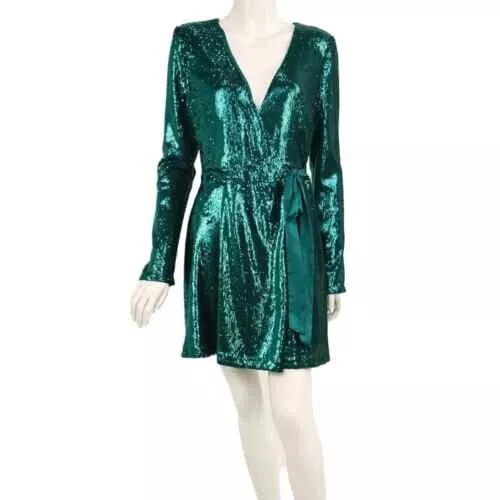 ramy brook women's emerald green long sleeve sequin dress size small