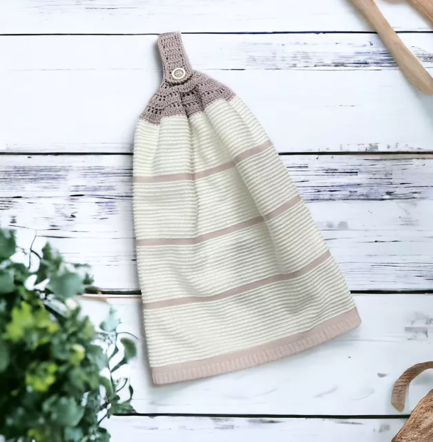 Crochet Terry Tea Towel Topper Hanging Oven Cream Beige Kitchen Hand Towel BN