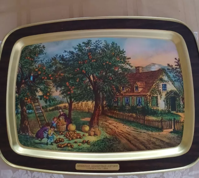 Vintage CURRIER AND IVES Metal Serving Tray "The American Homestead  in Autumn “