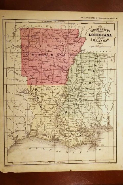 1872 Rare Antique Mcnally Atlas Map-Mississippi, Louisiana, Arkansas