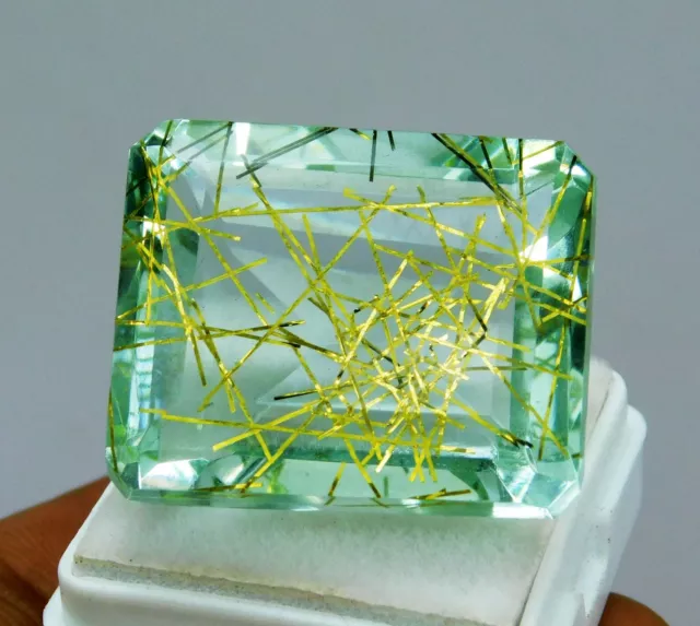 Natural Ru-tailed Topaz 65 Ct Brazil Yellow Emerald Cut Loose Gemstone L-10359