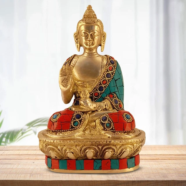 Brass Buddha Idol Statue Murti in Blessing Posture in Color Stone Shawl for Home