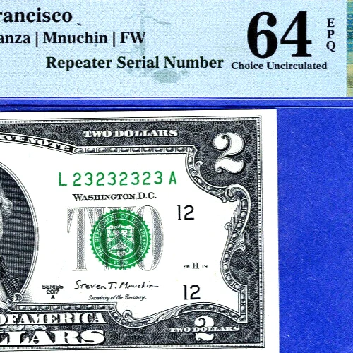 Rare Fancy SUPER REPEATER $2 # 23232323 serial number # PMG 64 EPQ series 2017A