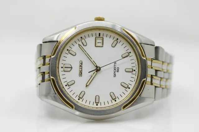 Seiko Sports 50 Two-Tone 37mm White Date Dial Quartz Watch 7N42-9049