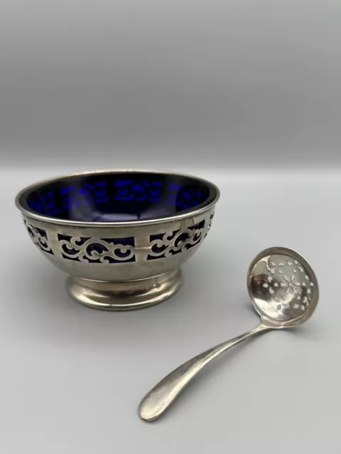 Vintage EPNS Silver Plate Sugar Bowl With Blue Glass Liner & Sugar Sifter Spoon