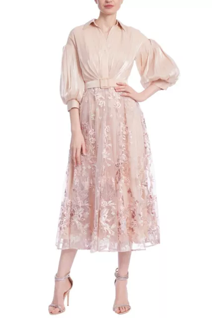 Badgley Mischka Blush Modest Long Sleeve sz 4 Chiffon Shirt Dress Lace Skirt