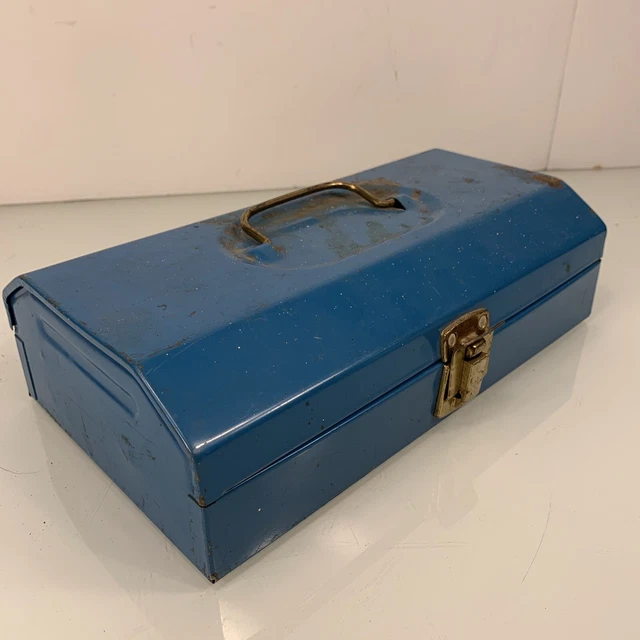 VINTAGE INDUSTRIAL BLUE Metal HipRoof Style Tool Box 11 X 6” 22.00