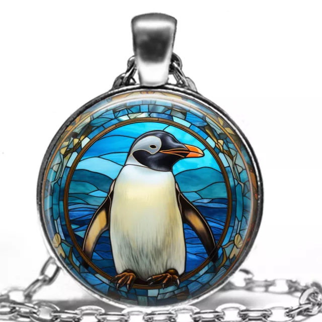 Faux Stained Glass Art Print Penguin Pendant Necklace Aquatic Bird Lover Gift