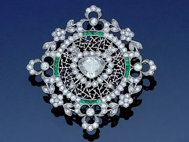 Solid 935 Silver Vintage Art Deco 5.60 Carat CZ & Emerald Fabulous Fine Brooch