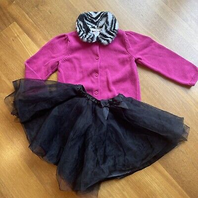 Gymboree Wild One Pink Cardigan Sweater Zebra Fur & Black Tutu Skirt Set sz 4 4T