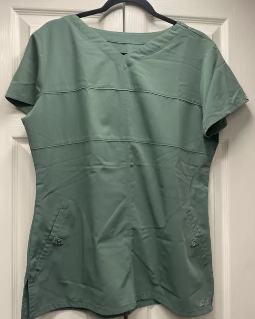 GREYS ANATOMY Scrub Top Medium Womens Gray V Neck Short Sleeve Signature