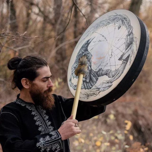 Handmade Vegan Crow Shaman Drum Siberian Drums Meditation Drum Stick Decor NEW