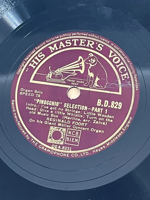 VINTAGE HMV GRAMOPHONE Record Pinocchio Selection 78 RPM B.D. 829 Walt ...