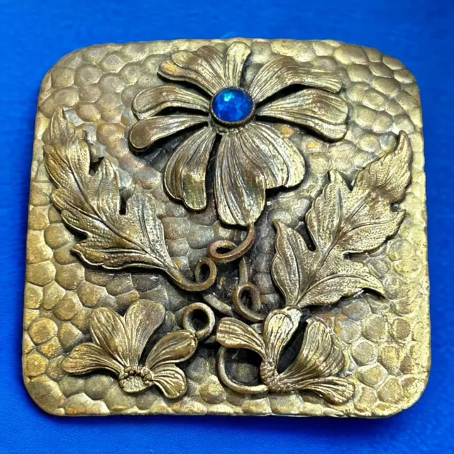 Victorian Art Nouveau Brass Square Brooch Sash Pin Floral Blue Paste Rhinestone