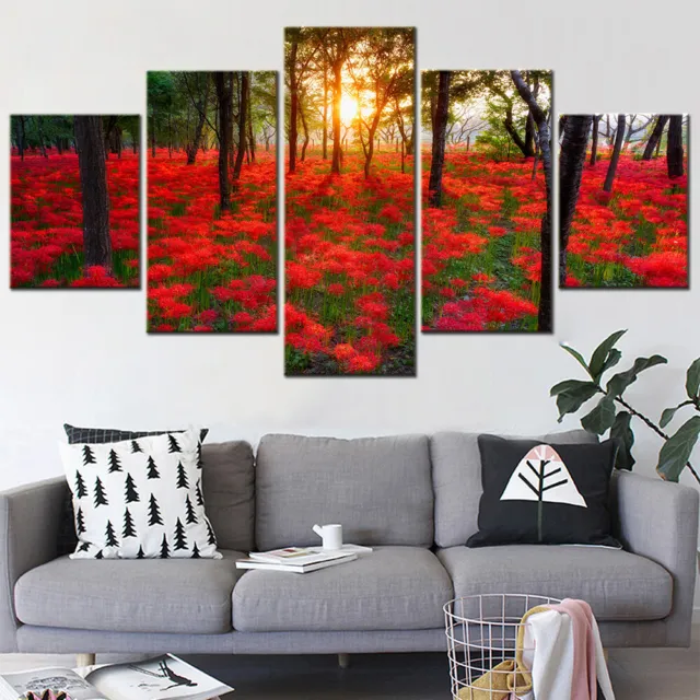 Nature Forest Tree Red Flowers 5Pcs Wall Art Canvas Painting Picture Home Decor