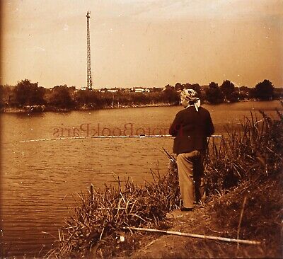 FRANCE Trilport Un pêcheur c1930 Photo Plaque de verre Stereo Vintage V15L32n10