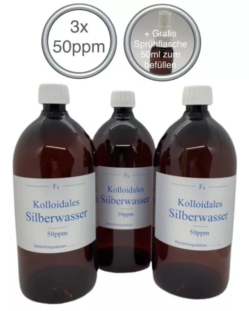 3 x Kolloidales Silberwasser 1000ml, 50ppm, hochrein, hochkonzentriert, frisch!!