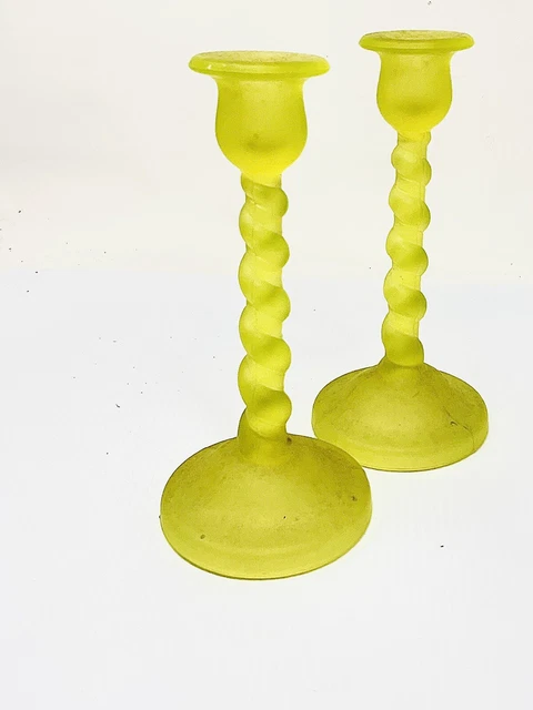 Depression TIFFIN GLASS Vaseline Canary Twist Candlestick Pair, Holder Uranium