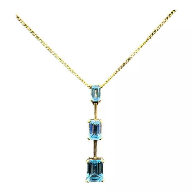 9ct 9K Yellow Gold Natural Blue Topaz Trilogy Bar Pendant. Brand New