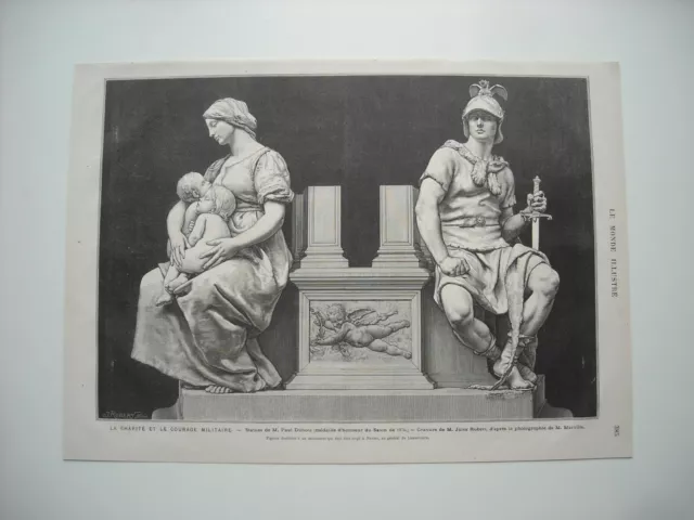 Gravure 1876. La Charite Et Le Courage Militaire. Statues De M. Paul Dubois, Med