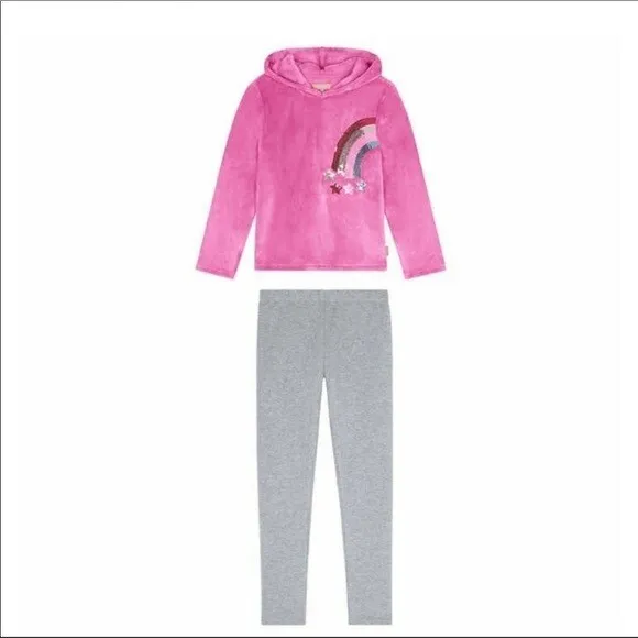 BCBG Girls Plush hoodie & leggings pink sequin rainbow, size M (10/12) - NWT