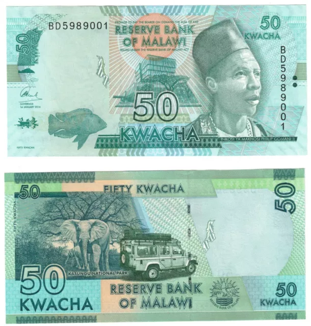 2016  Malawi P64c 50 Kwacha Banknote UNC Defender & Fish