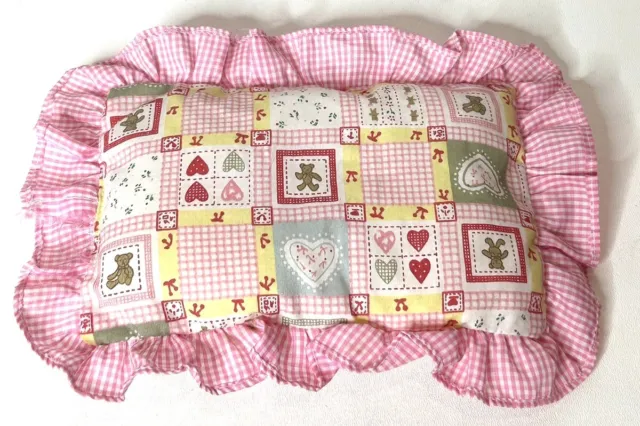 Vintage handmade babydoll pillow With Hearts Teddy Bears Pink Gingham Trim