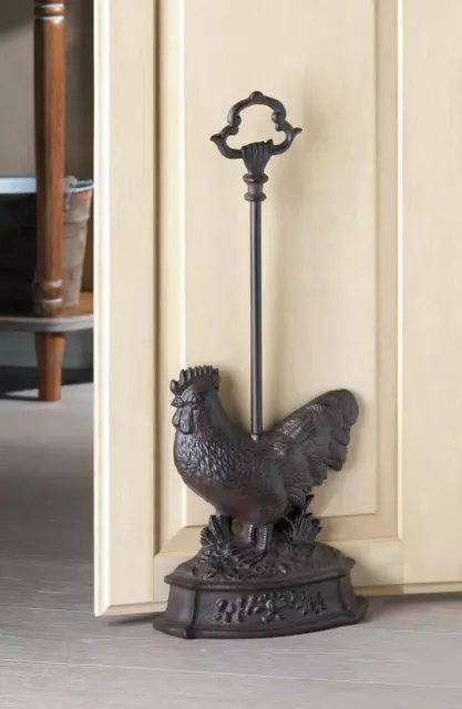 LONG HANDLE rustic rooster CAST IRON metal country statue door stop stopper