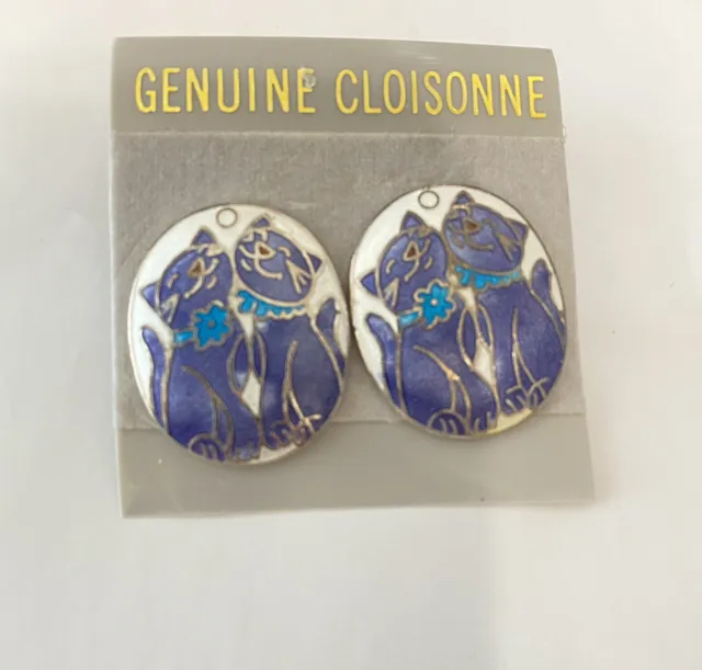 Vintage Cloisonne Cat Earrings White Purple 1" Oval Post Stud Jewelry Cat Lady