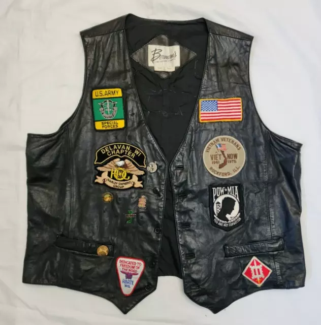 VTG LEATHER MOTORCYCLE Vest w/ Vietnam Era US ARMY Patches 101st ...