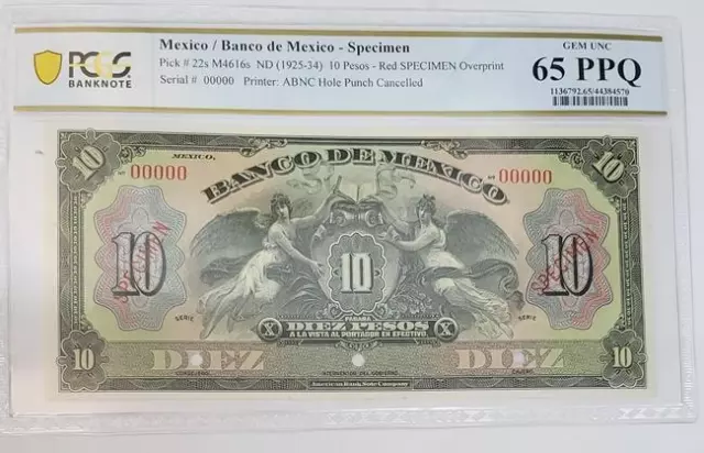 10 Pesos 1925-1935 (ND) Banco de Mexico, Specimen , PCGS PPQ65