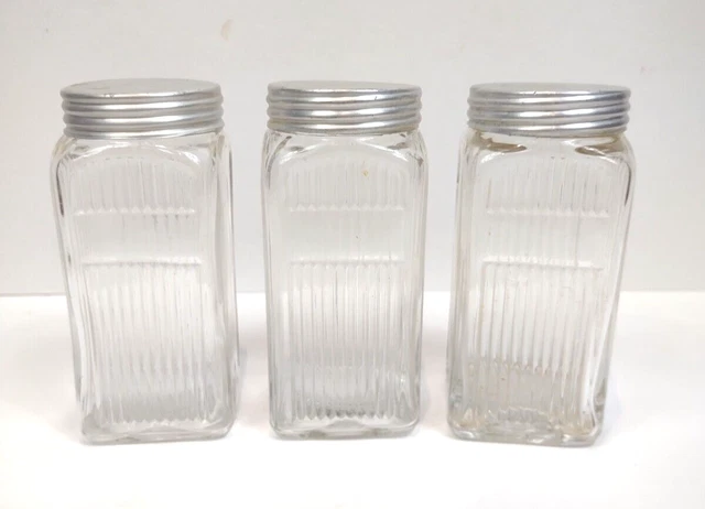 3 Vintage Hoosier Square Spice Glass Jar 4 1/4" Ribbed Pattern Napanee Set