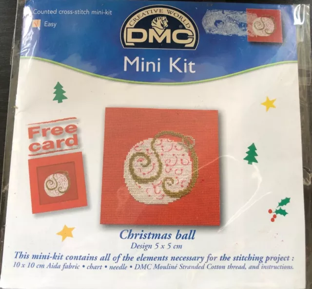 Neu - DMC Mini Kit Weihnachtskugel gezählt Kreuzstich Kit kostenlose Karte 5x5 cm