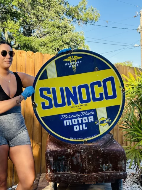 Large Porcelain Sunoco Motor Oil  Advertising Sign 30 In