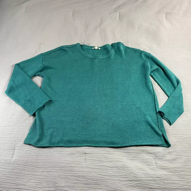 Eileen Fisher Shirt Womens Medium Long Sleeve Knit Organic Linen Teal Green