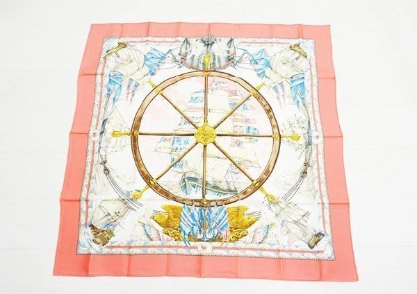 Hermes Carre 90 Vive Le Vent Scarf Ships Silk Pink Multi 22M Women 34.6x34.6inch
