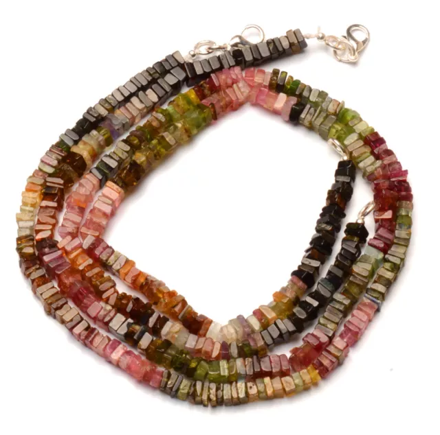 Rainbow Tourmaline 4mm Square Heishi Beads Necklace 17 Inch