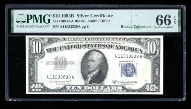 DBR 1953-B $10 Silver Fr. 1708 Gem PMG 66 EPQ Serial A11933839A