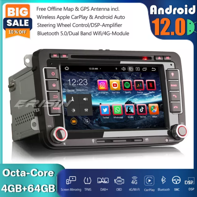 64Go Android 12 Autoradio GPS OPS For VW Passat Golf 5/6 Polo Tiguan T5 EOS SEAT