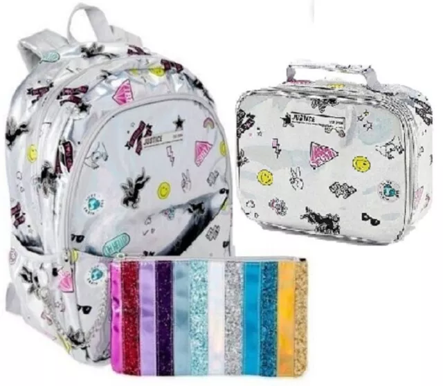 Justice  Backpack, Lunch Box and Detachable Pencil Case Silver Stickers New