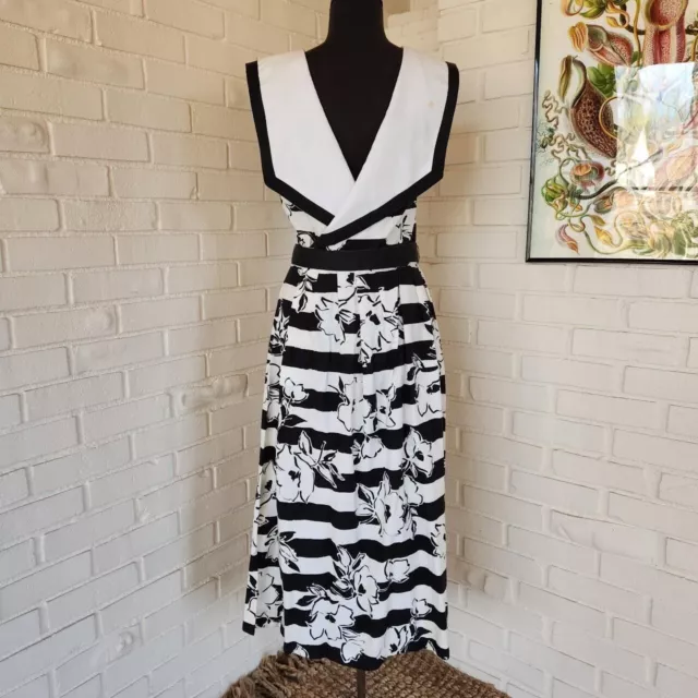 Vtg 80s Lanz Floral Striped Sailor Dress Black White