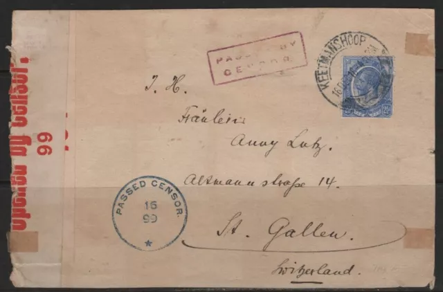 SWA Namibia Front Only Keetmanshoop 16.12.1918 to St.Gallen Censor