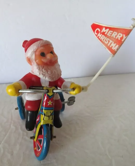 MTU Santa Bike Tricycle Mechanical Wind Up Tin Toy Bell Bike Korea Vintage Works