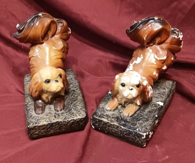 Vintage Pair of Chalkware Pekingese Dog Book Ends