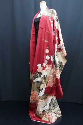 8618G5 Silk Japanese Kimono Furisode Crane Birds Plum blossom