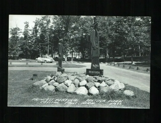 RPPC Crystal Falls, MI Michigan Pentoga Park Princess Pentogal Statue ca 1940's