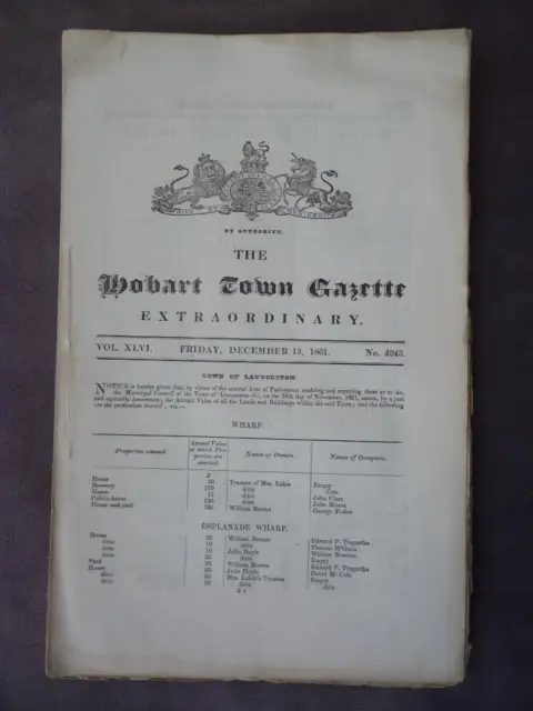 Hobart Town Gazette - Tasmania - 13 Dec 1861 -   List Of Residents Of Launceston