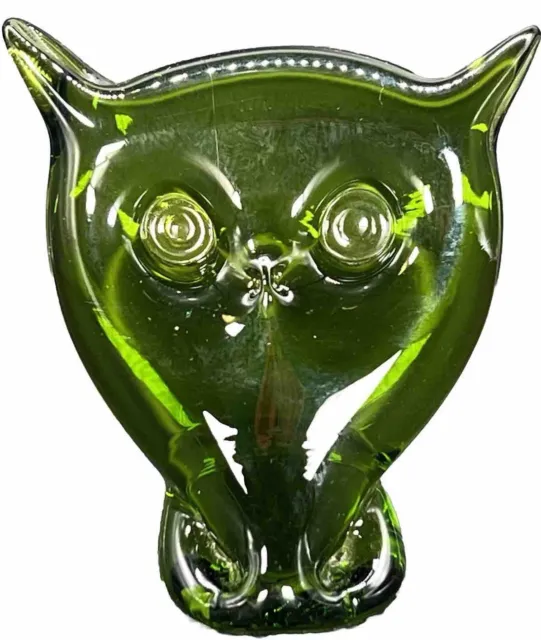 Viking Art Glass Owl Paperweight Green Hand Blown Sculpture Cottagecore Vintage